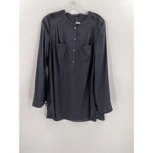 Ann Taylor Blouse Top Women's Petite 14Blue Roll Tab Sleeve Button Up Silk Shirt